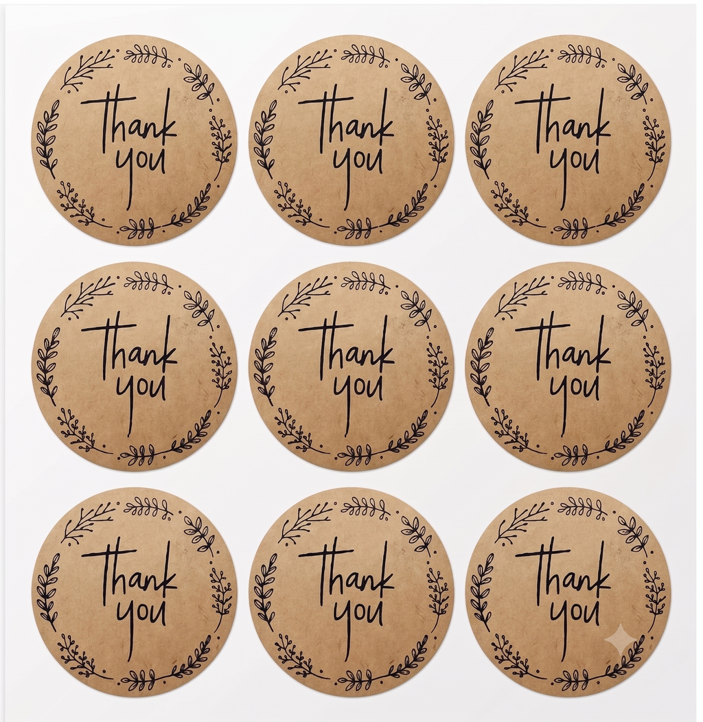 Bekokart Thank You Stickers | 1.5 Inch Round Kraft Paper Labels | Self-Adhesive Packaging Stickers for Small Business, Gift Wrapping & Bakery | 108 Pieces