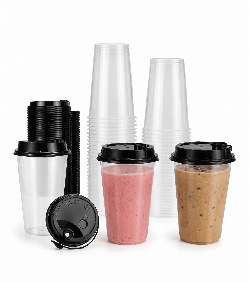 Bekokart 300ml Reusable Sipper Glass with Black Lid (Pack of 25) | Transparent PET Plastic Cups for Iced Coffee, Smoothies, Juice & Cold Drinks | Leak-Resistant Takeaway Cup