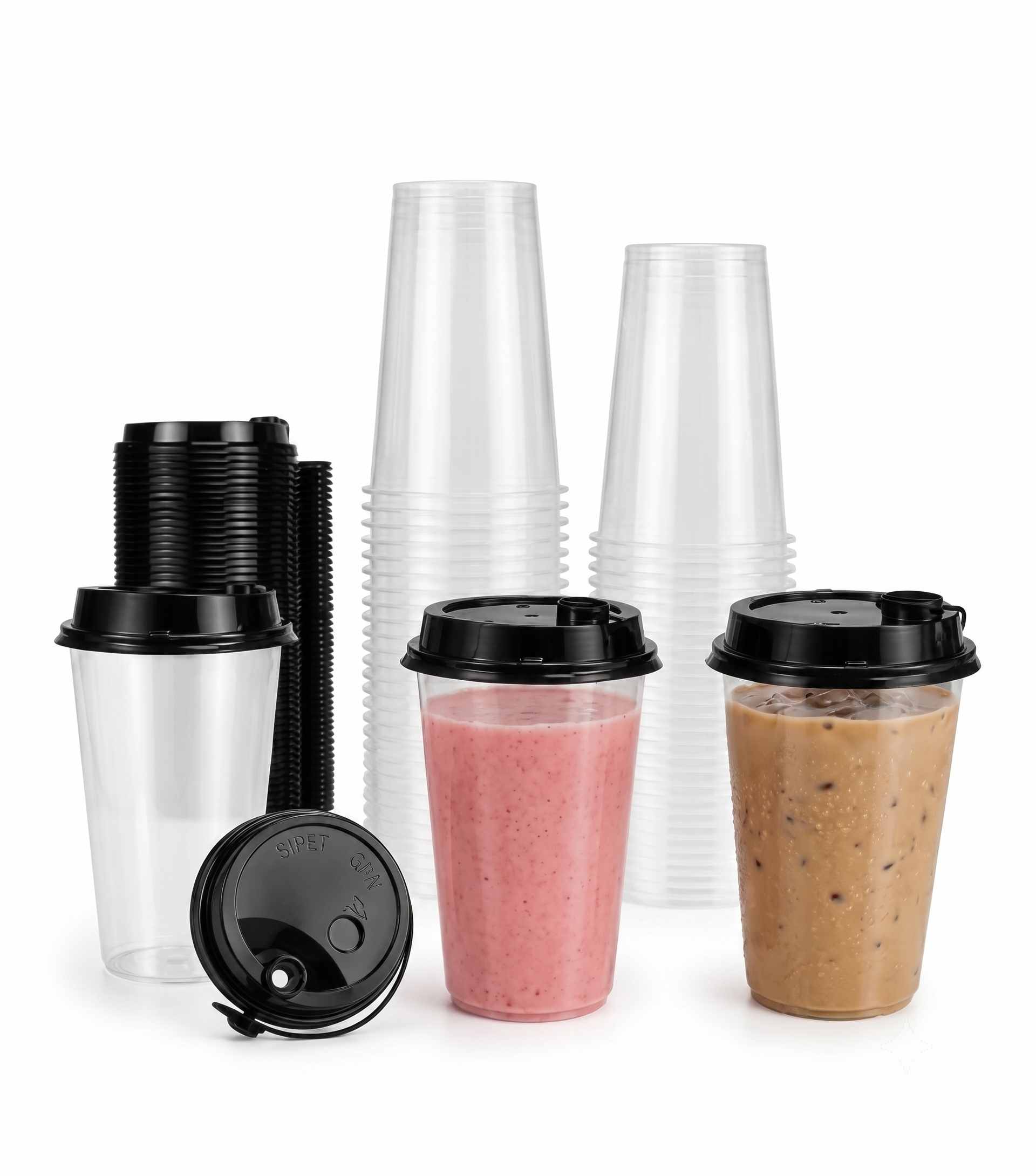 Bekokart 300ml Reusable Sipper Glass with Black Lid (Pack of 25) | Transparent PET Plastic Cups for Iced Coffee, Smoothies, Juice & Cold Drinks | Leak-Resistant Takeaway Cup
