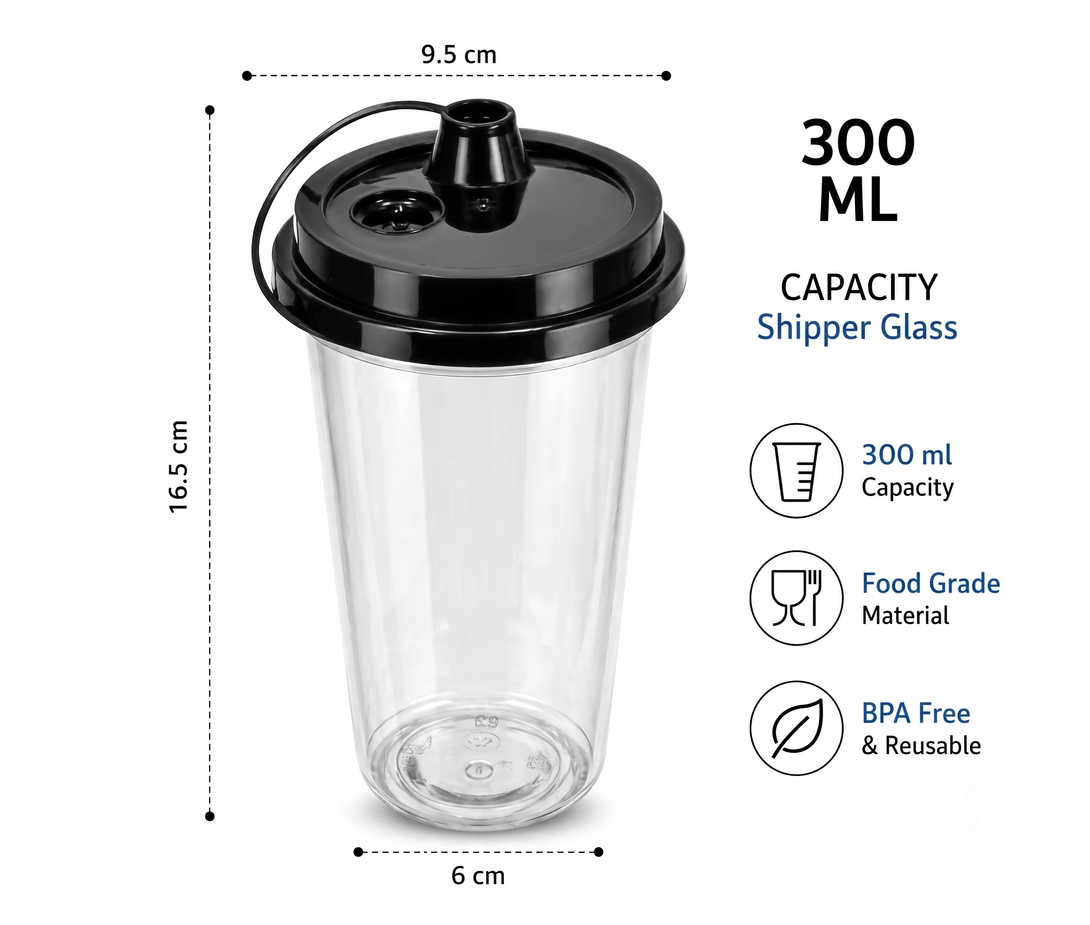 Bekokart 300ml Reusable Sipper Glass with Black Lid (Pack of 25) | Transparent PET Plastic Cups for Iced Coffee, Smoothies, Juice & Cold Drinks | Leak-Resistant Takeaway Cup