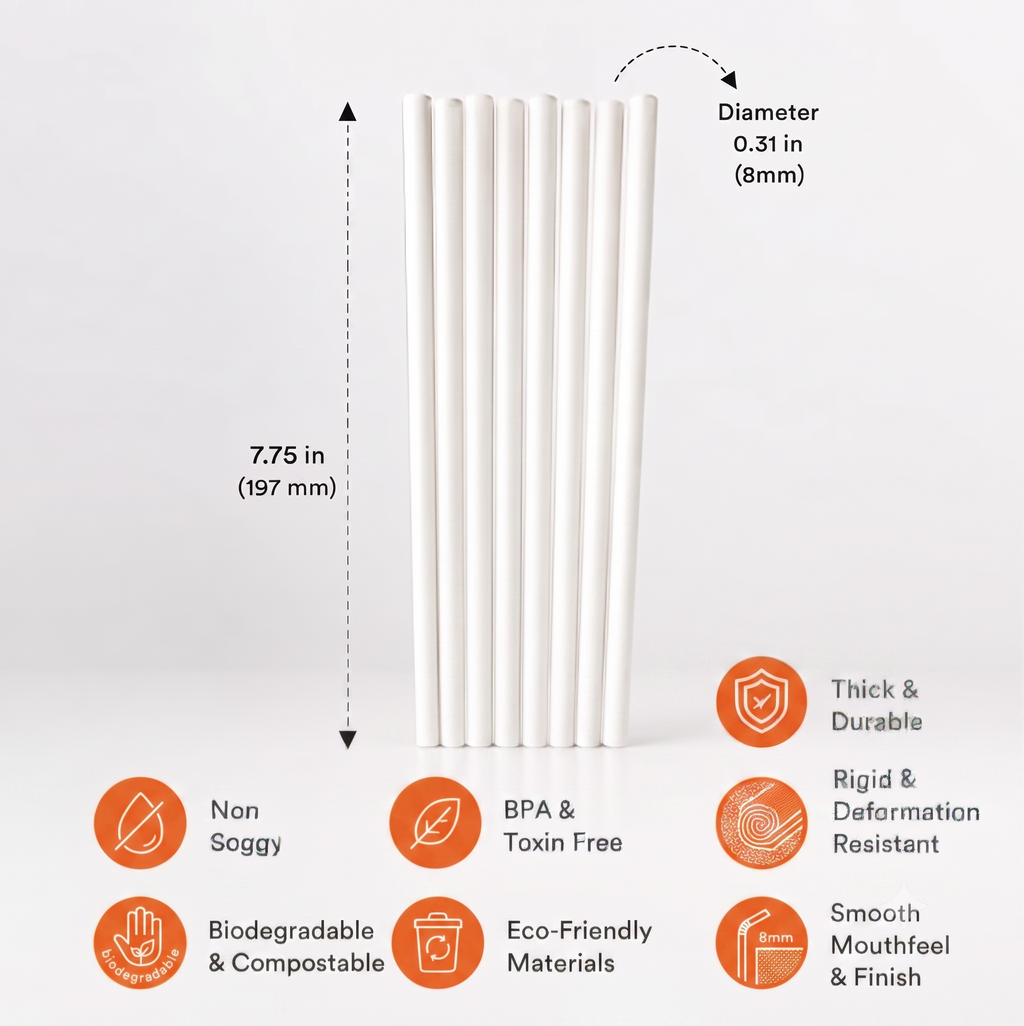 Bekokart 8mm Biodegradable Paper Straws | Thick Disposable Drinking Straws for Juices, Smoothies, Milkshakes, Cold Coffee & Party Drinks | White | Pack of 100
