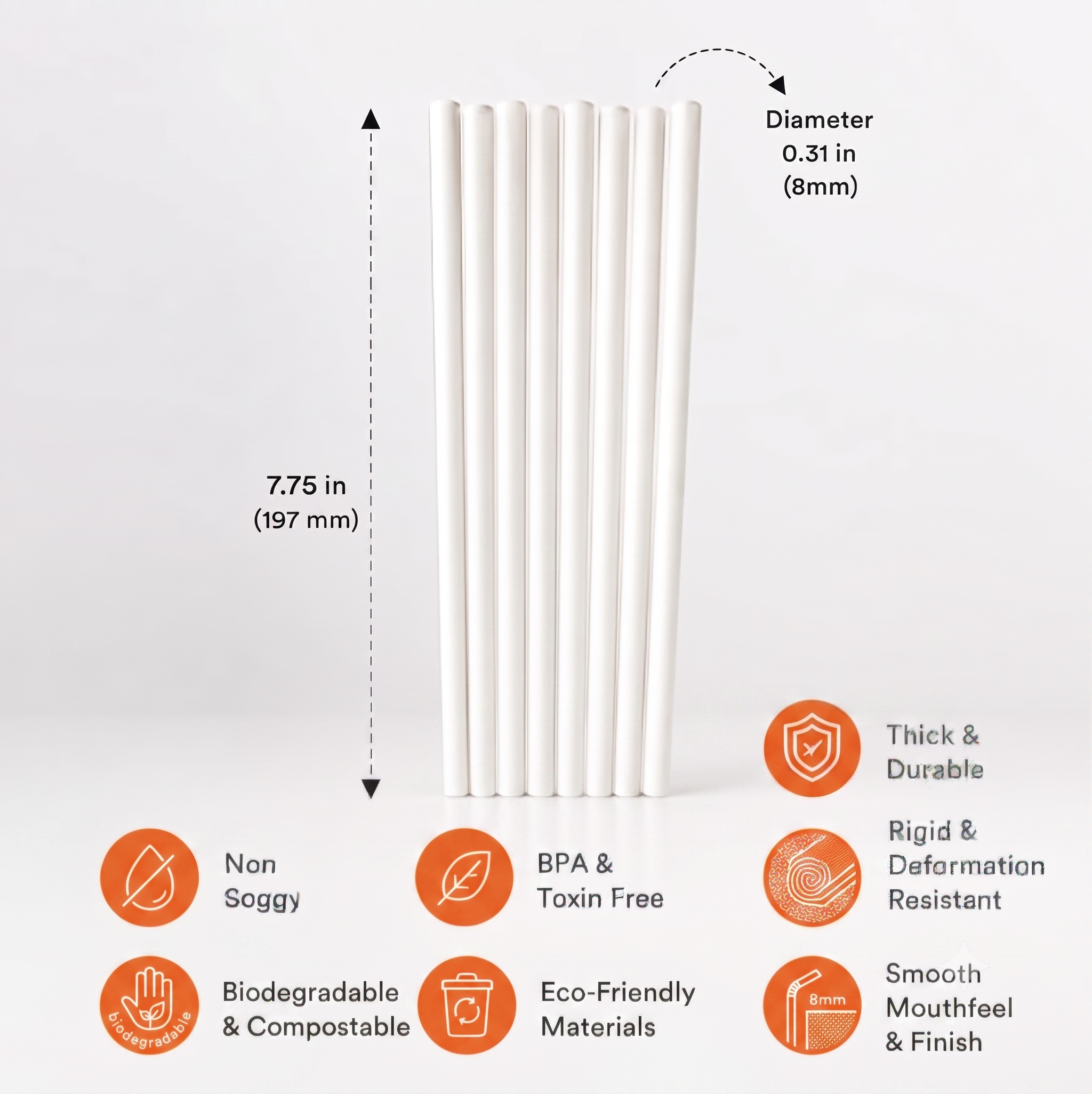 Bekokart 8mm Biodegradable Paper Straws | Thick Disposable Drinking Straws for Juices, Smoothies, Milkshakes, Cold Coffee & Party Drinks | White | Pack of 100