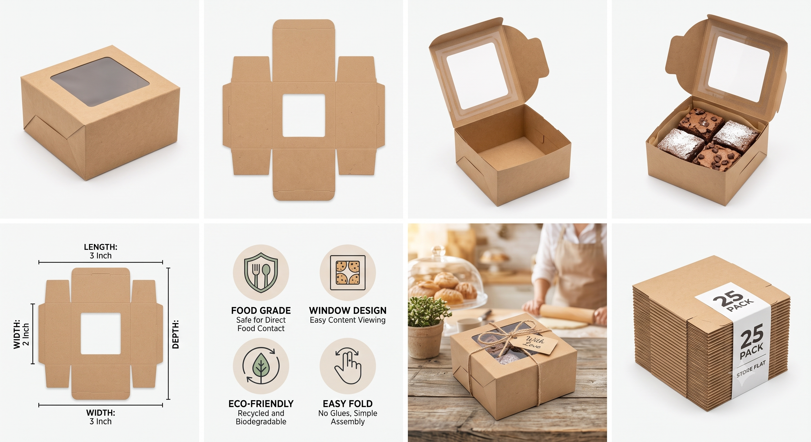 Bekokart Kraft Brownie Packaging Box with Window | 3 × 3 × 2 Inch | Food Grade Bakery Gift Box for Brownies, Cookies, Chocolates & Mini Cakes | Pack of 25
