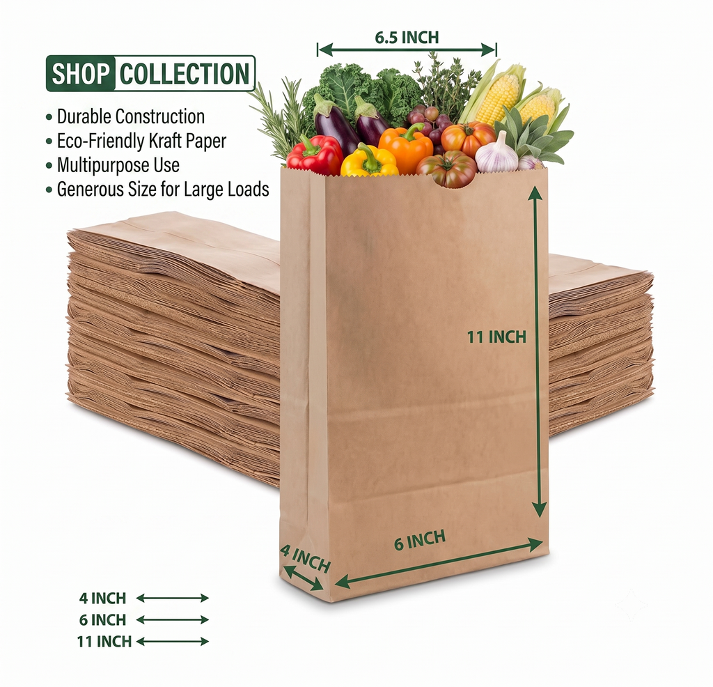 Bekokart Food Grade Flat Bottom Paper Bags for Grocery, Bakery & Food Packaging | Kraft Paper Lunch, Snack & Shopping Bags | 6 x 4 x 11.5 Inch | Pack of 50