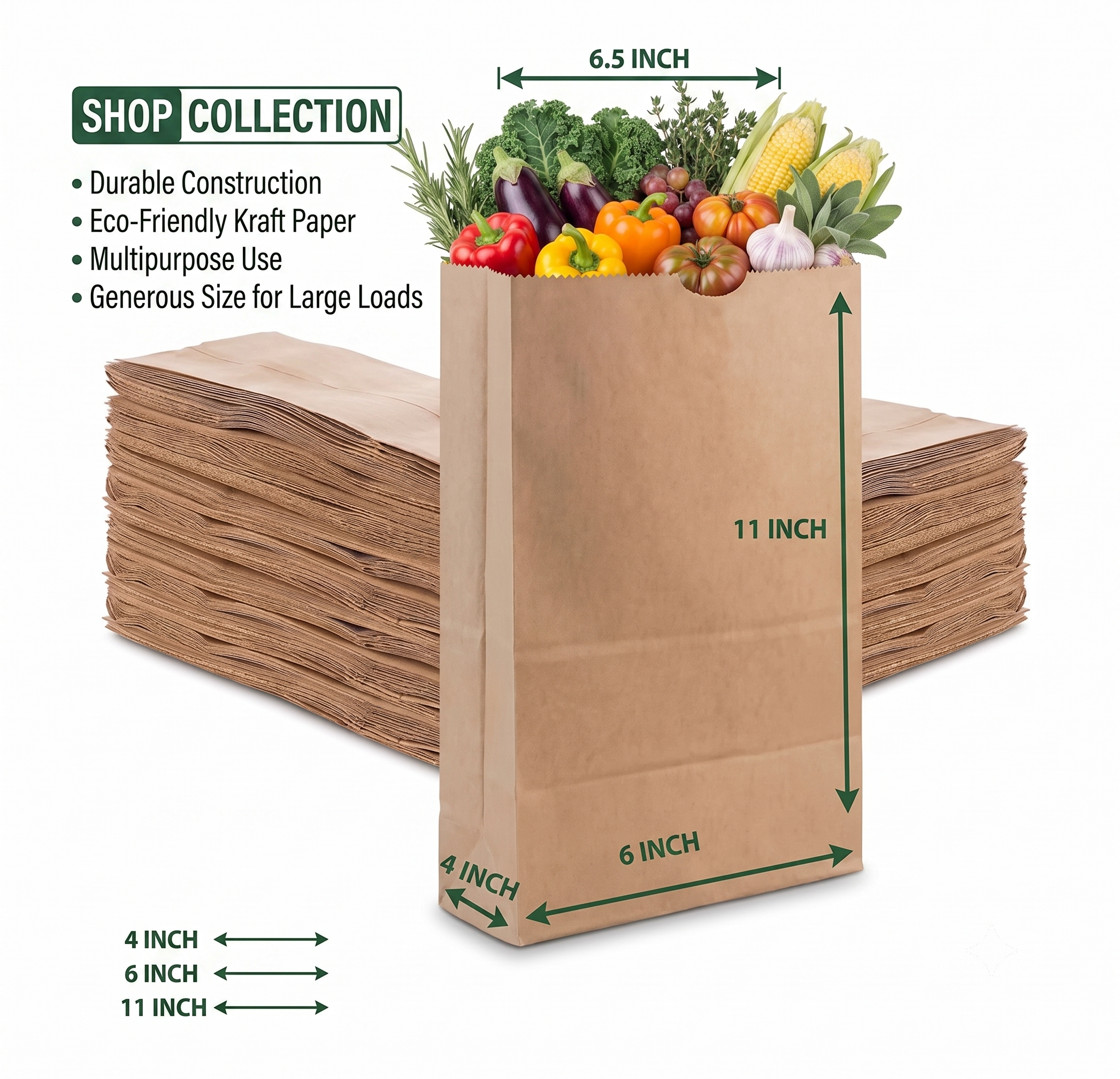Bekokart Food Grade Flat Bottom Paper Bags for Grocery, Bakery & Food Packaging | Kraft Paper Lunch, Snack & Shopping Bags | 6 x 4 x 11.5 Inch | Pack of 50