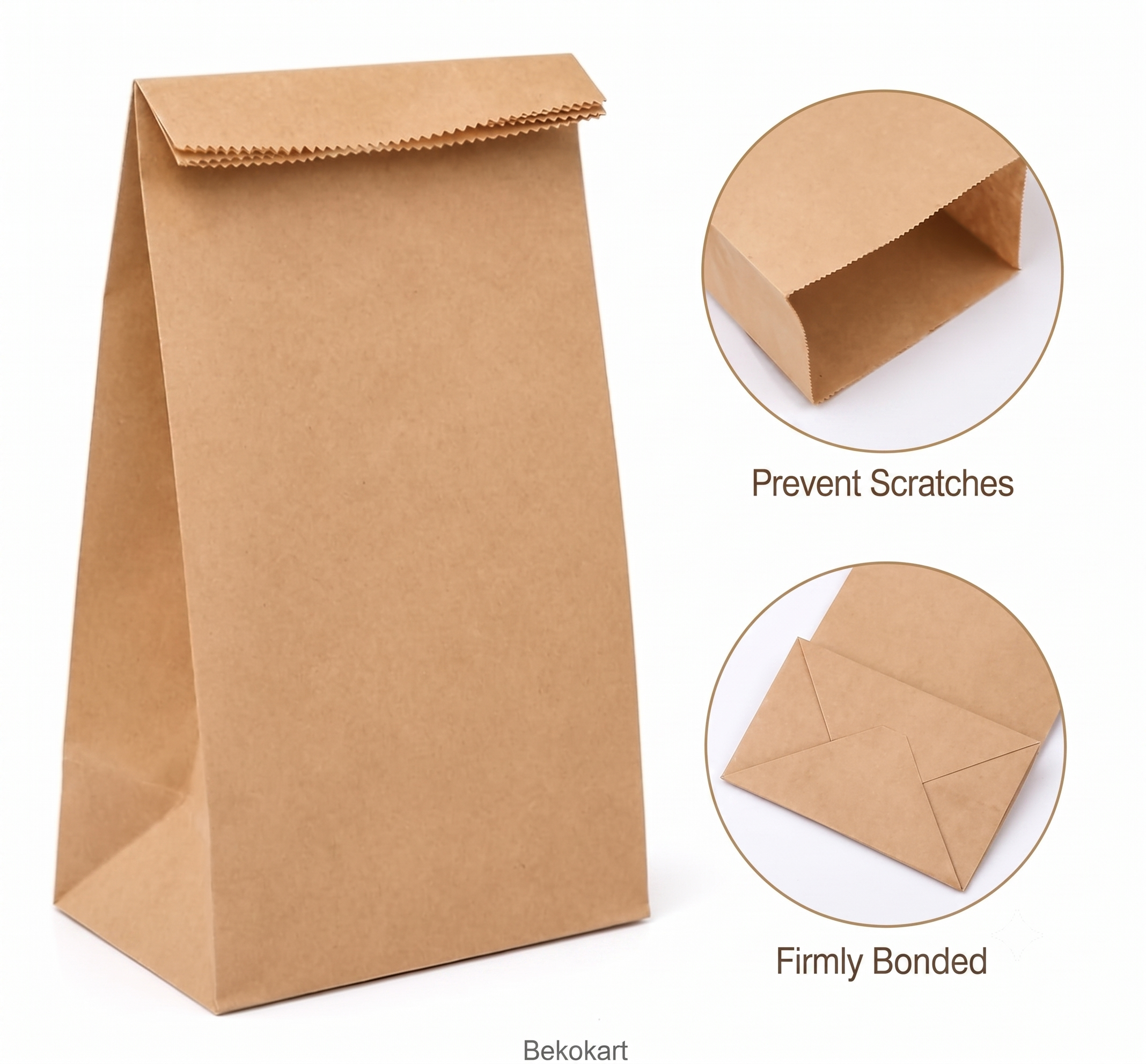 Bekokart Food Grade Flat Bottom Paper Bags for Grocery, Bakery & Food Packaging | Kraft Paper Lunch, Snack & Shopping Bags | 6 x 4 x 11.5 Inch | Pack of 50