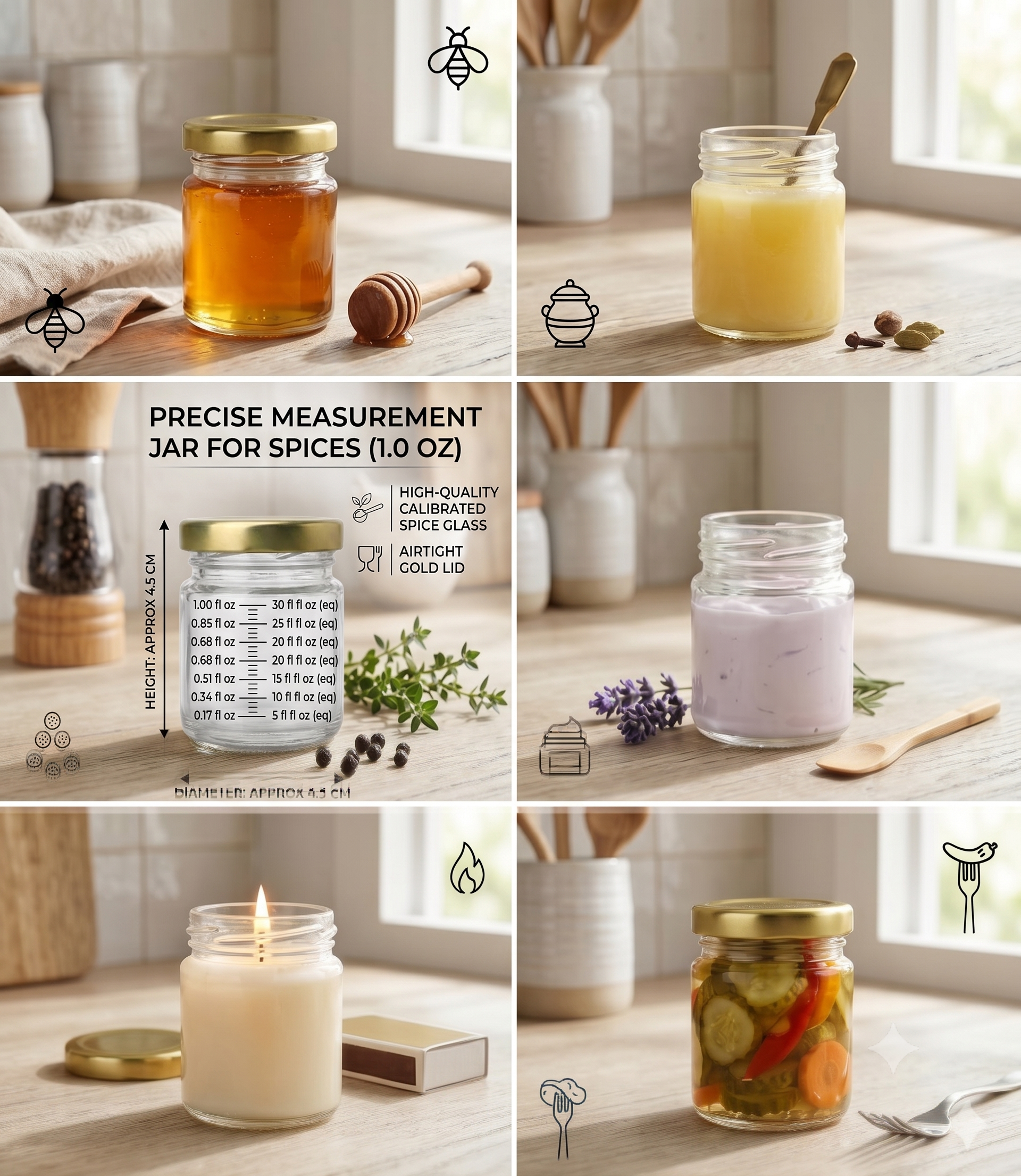 Bekokart Mini Glass Storage Jars with Gold Lids | 20ml Airtight Clear Glass Containers for Honey, Jam, Spices, Dry Fruits, Candles & DIY Crafts | Pack of 12