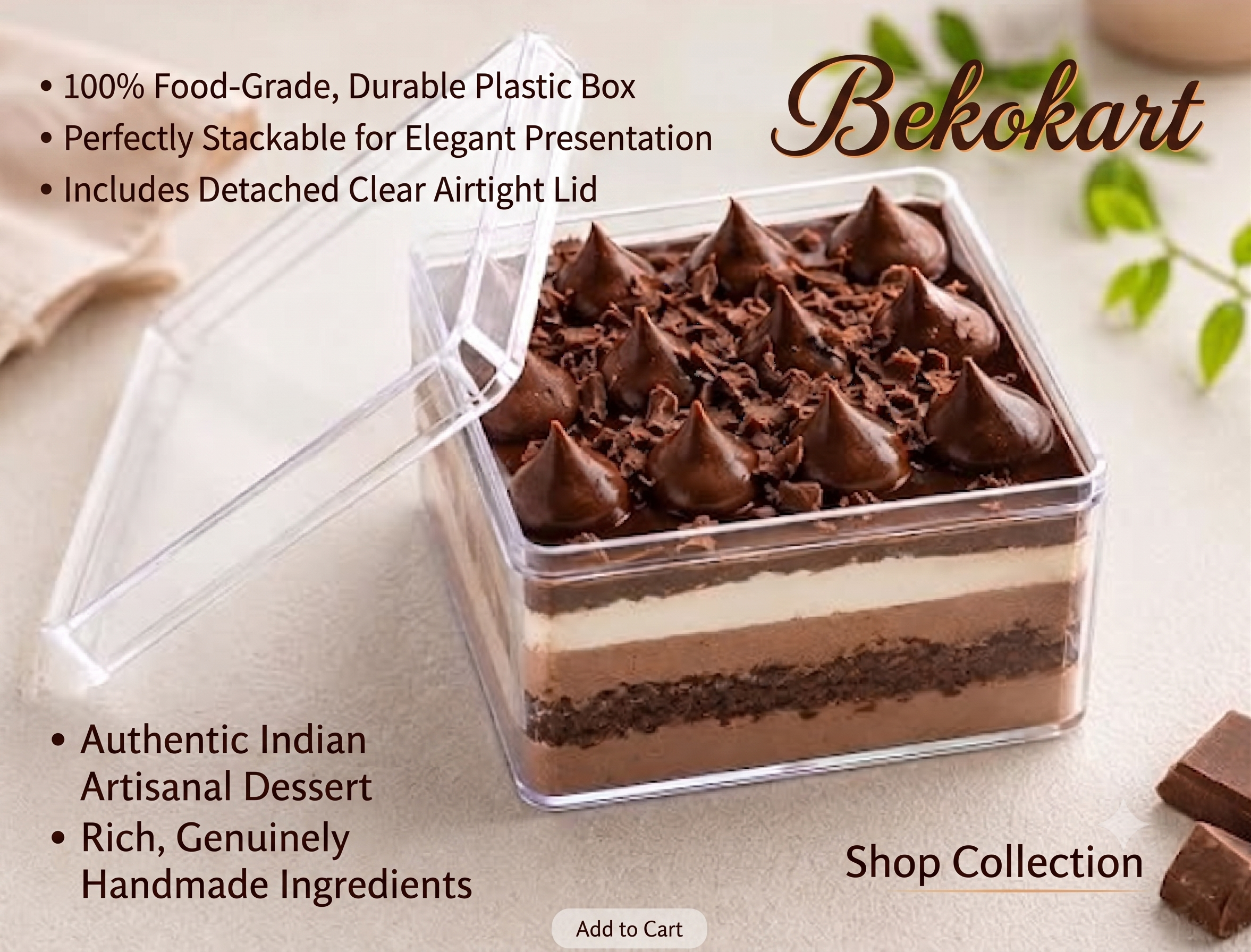 Bekokart Square Dessert & Food Storage Box 250ml | BPA-Free Transparent Plastic Container with Lid | Reusable Cake, Brownie, Cookie & Dessert Box | Pack of 5
