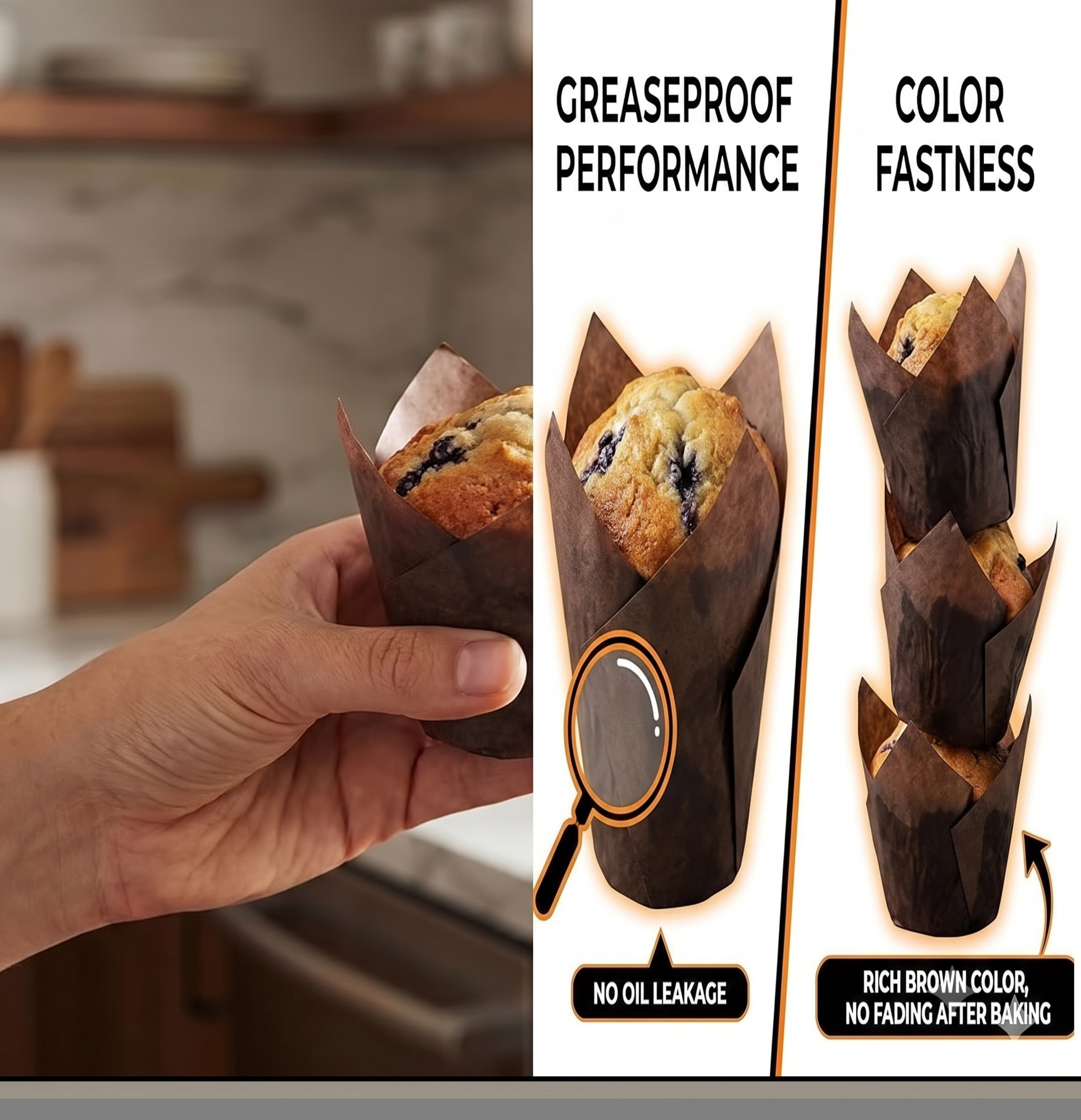 Bekokart Tulip Muffin Liners | Greaseproof Baking Paper Cups | Dark Brown Cupcake & Muffin Baking Liners | 80g Capacity | Oven Safe | Pack of 50